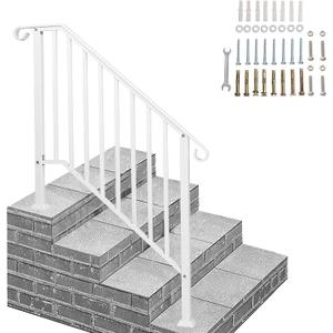 Outvita Handrails for Outdoor Steps, Wrought Iron Handrail Fits 3 or 4 Steps, Transitional Handrail with Installation Kit, Stair Railing for Concrete Steps or Wooden Stairs(White) (3-4 steps)