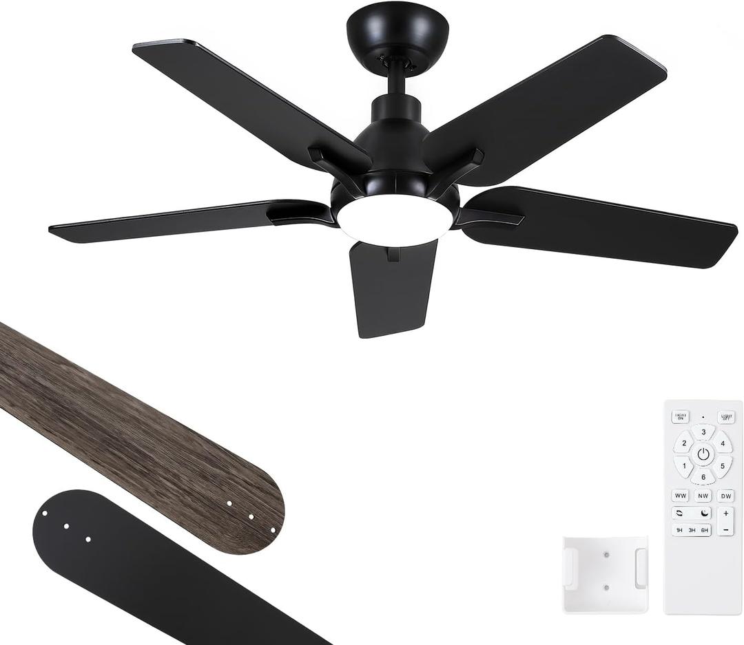 42 Inch Ceiling Fans with Lights: Black Indoor Ceiling Fan for Bedroom Living Room - 5 Blades Dimmable Small Ceiling Fans with Remote Control Timer 6 Speeds Reversible Quiet DC Motor