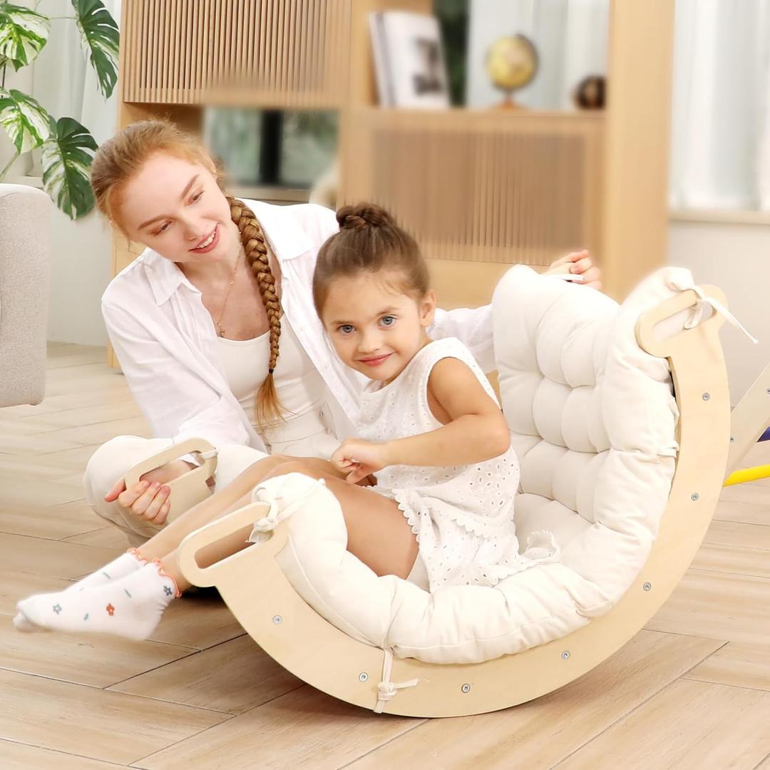 2 in 1 Montessori Climbing Arch for Toddlers,Rainbow Wooden Climbing Arch Rocker& Cushion,Pillow for ArchesClimbing Triangle Ramp,Montessori Climbing Gym for Kids 0-8