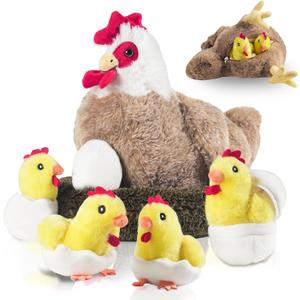 9 in 1 Chicken Stuffed Animal, Stuffed Chicken Toys for Kids Zippered Egg Laying Hen Plush with Baby Chicks, Eggs and Coop for Easter Christmas Birthday Gifts Farm Party Decors