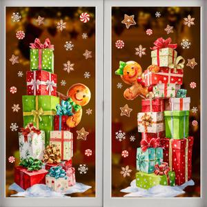 Christmas Window Clings Decorations: 2 Sheets Extra Large Stacked Gift Boxes Gingerbread Man Window Clings, Rustic Brown Gingerbread Snowflakes Xmas Decals for Home Office Holiday Party Dcor