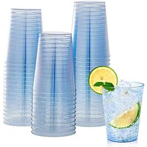 JOLLY CHEF 100 Pack 10 oz Blue Plastic Cups, Blue Disposable Tumblers, Elegant Glitter Party Drinking Cups for Wedding, Thanksgiving Day, Christmas Halloween