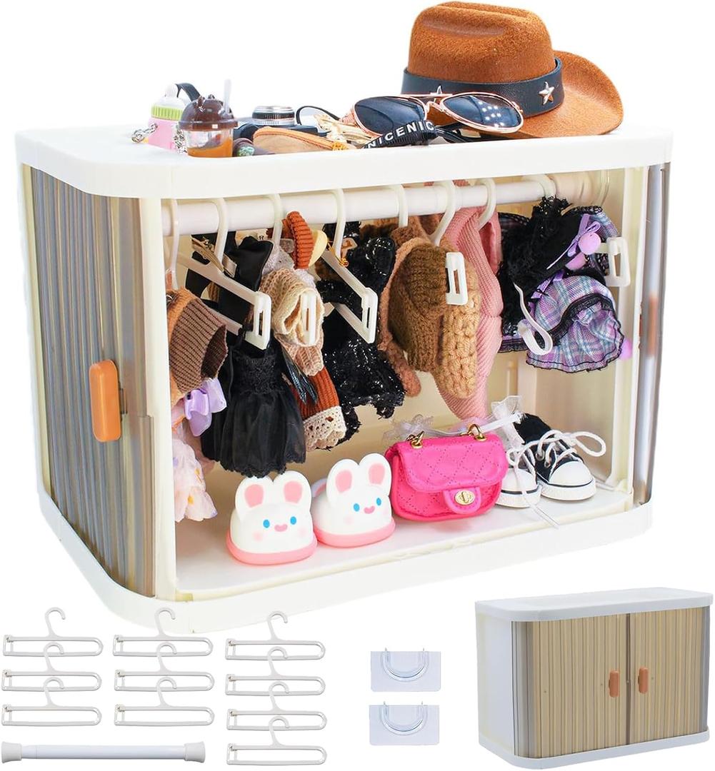 Foldable Doll Wardrobe Storage Box Compatible with Labubu Clothes with 10 Hangers & Rod - Stackable Organizer Cabinet for 15/17cm Doll Clothes with Dust-Resistant Cover and Display Shelf, 10.6 inches