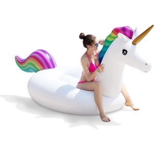 Jasonwell Giant Inflatable Unicorn Pool Float Floatie Ride On with Fast Valves Large Rideable Blow Up Summer Beach Swimming Pool Party Lounge Raft Decorations Toys Kids Adults