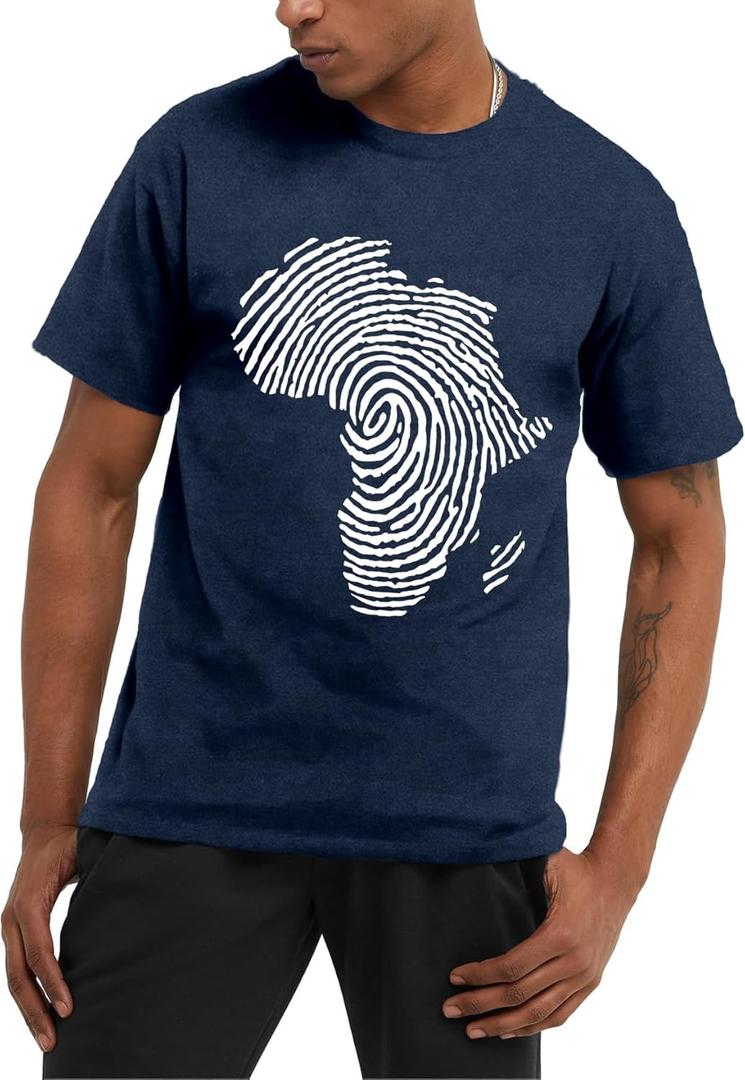 African Map Shirts for Men Africa Fingerprint-Themed T-Shirt African-American Tee Top (X-Large, Blue)