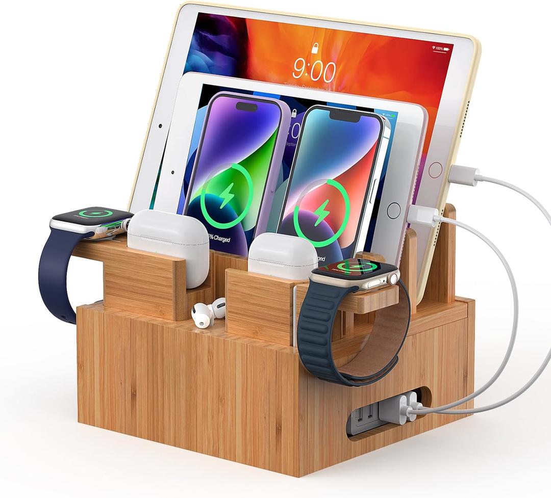 Pezin & Hulin Bamboo Charging Station Organizer for Multiple Devices, Desktop Docking Station Compatible with Phone, Tablet, Earbuds, Smartwatch, (Included 5 Cables, NO Charger HUB)