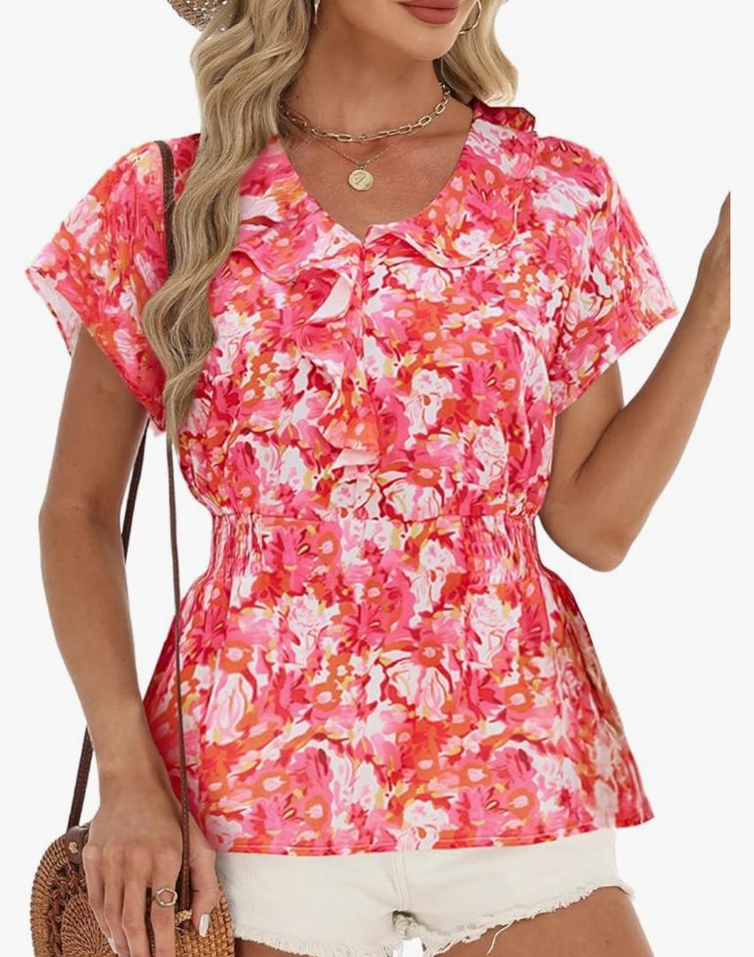 CiCiBird Women's Summer Boho Peplum Blouse Floral Print V Neck Shirt Ruffle Short Sleeve Casual Top, Size XL