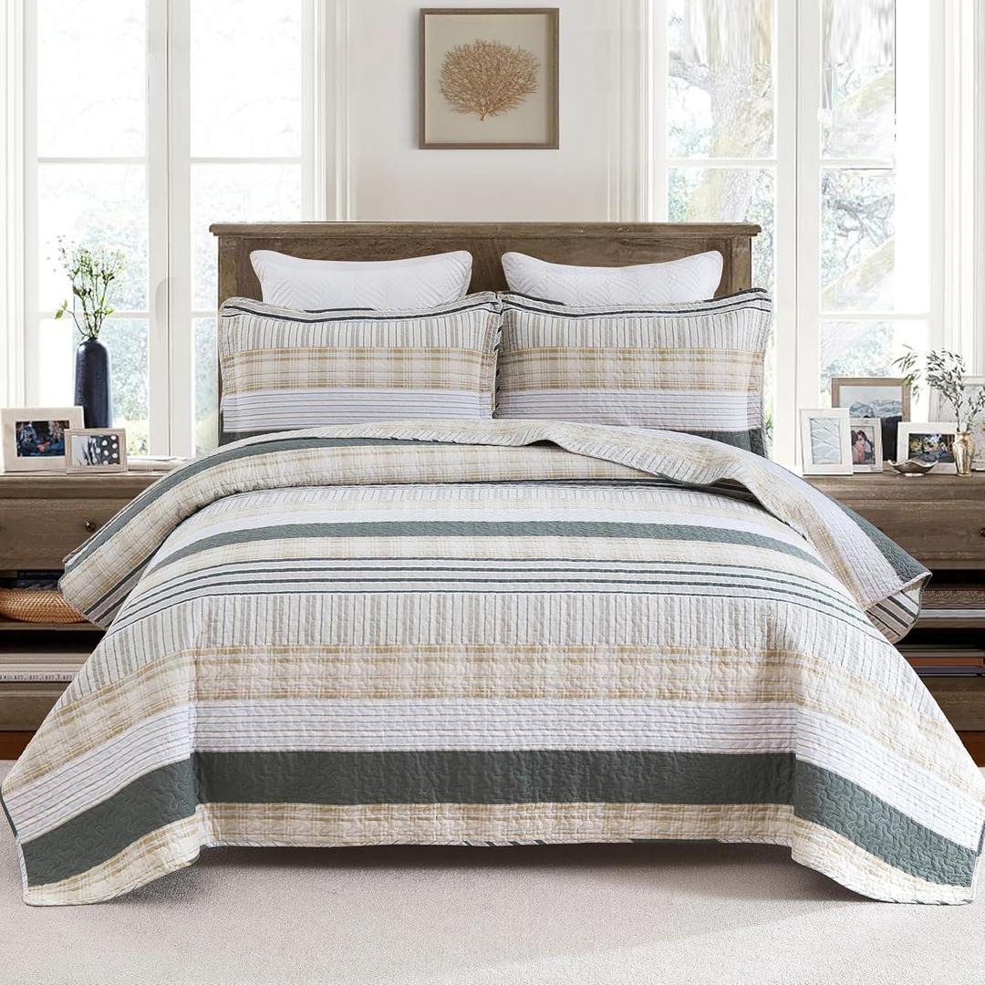 Homzard Quilt King Size - Cotton King Size Comforter, Beige Grey Plaid Bedding Set, Striped Bedspread Set(106 * 98 Inches),3 Piece (02-5 Cream/Grey)