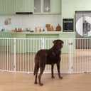 No Pawblems Free Standing Dog Gate with Door, 30'' Tall Foldable Dog Fence for Indoor & Outdoor, Up to 104 Inch Extra Wide Puppy Gate for Stairs, Hallways, Doorways, Deck, Yard (White, 4 Panels)