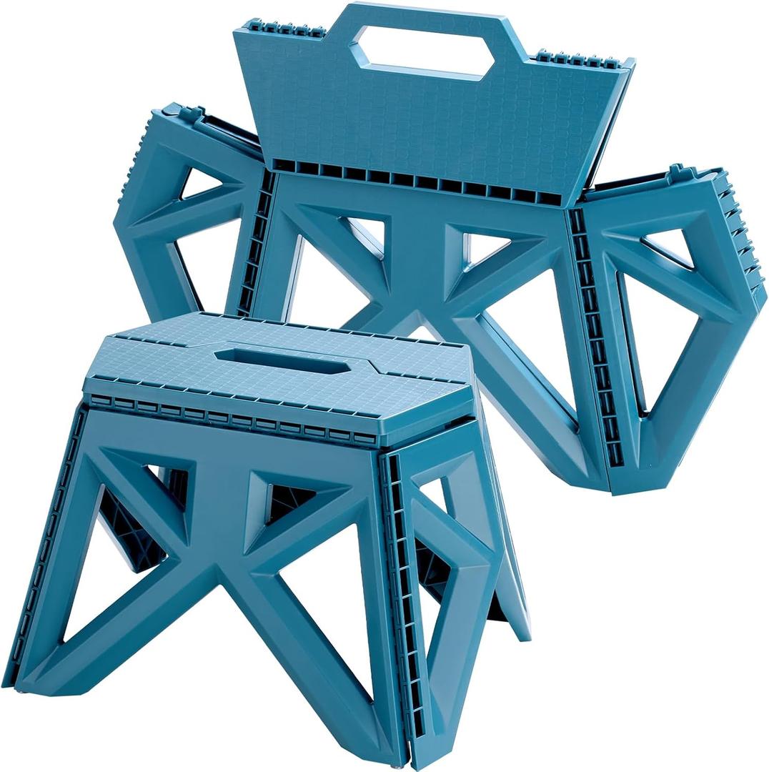 9.2" Blue Collapsible Step Stool - Non-Slip, Hold Up to 300 lbs, Portable Plastic Footstool with Handle | Easy Fold/Open Design for Kitchen, Bathroom, Camping & Home Use
