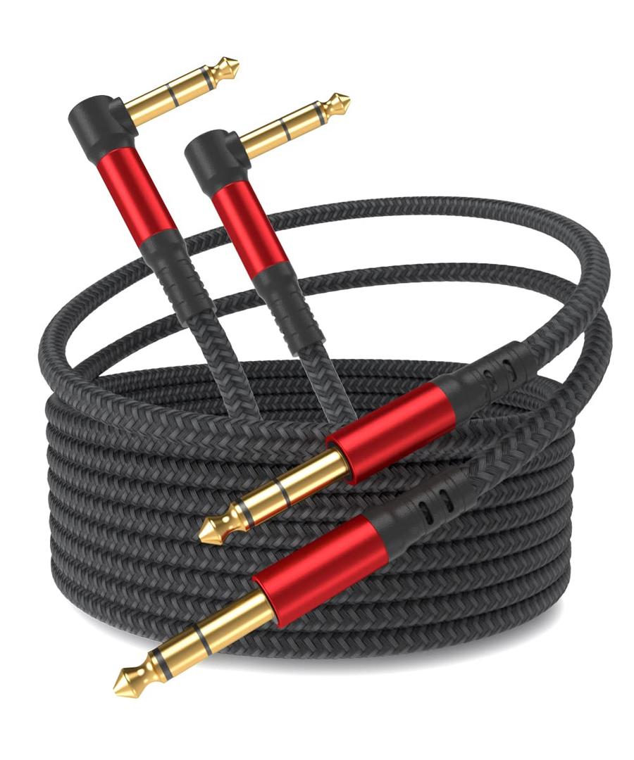 1/4 Inch Cable TRS Guitar Cable 10 ft 2-Pack, Instrument Cable Guitar AMP Cord Straight to Right Angle 6.35mm Male to Male Stereo Audio Cable for Electric Guitar, Bass, Amplifier, etc.