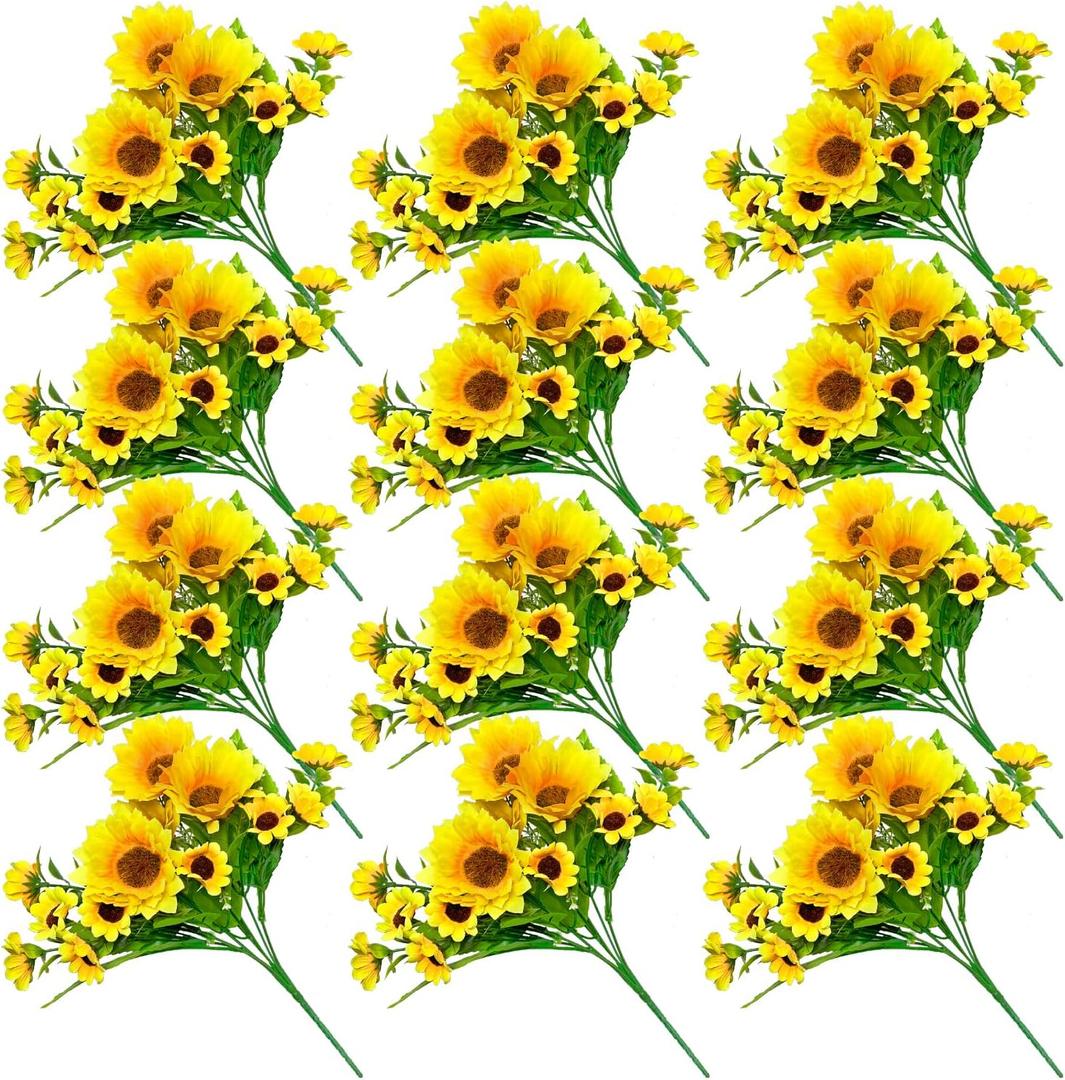 ZEYGLXC 12 Pack Artificial Sunflowers Bouquets with Stems for Wedding Home Kitchen Table Birthday Decor Indoor Outdoor, Faux Sunflowers with 4 Big Sunflowers Heads 9 Small Sunflowers Heads