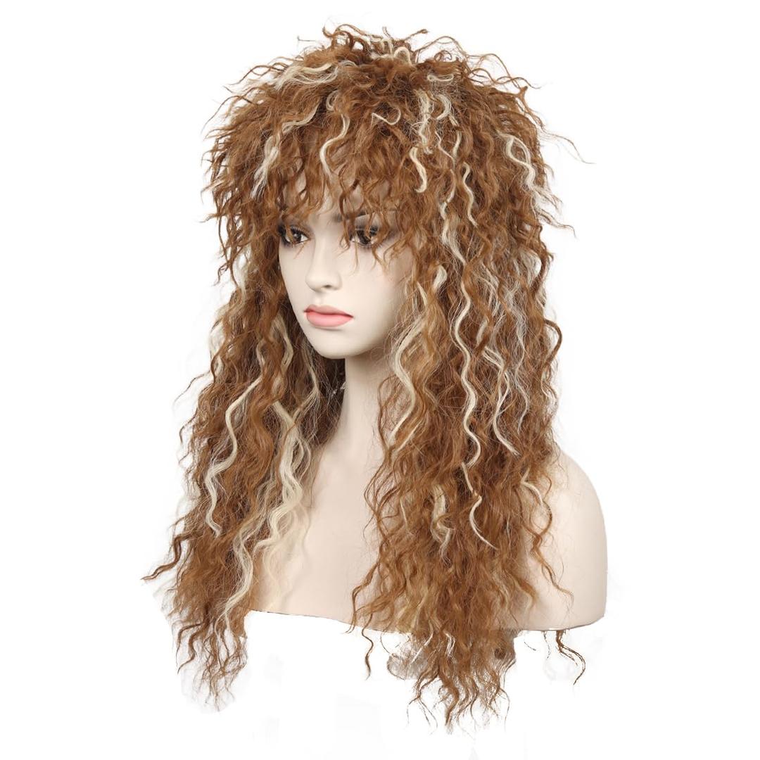 WildCos Long Curly 80s Mullet Wigs Punk Heavy Metal Rocker Wig Halloween Costume Male Cosplay Wig for Women (Brown with Blonde)