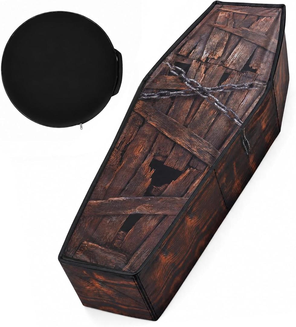 Libima Halloween Cemetery Pop up Coffin with Lid Fake Life Size 60'' Coffin Prop Scary Really Size Collapsible Fabric Instant Casket for Skeleton Party Graveyard Decoration (1 Pcs,Wood Look)