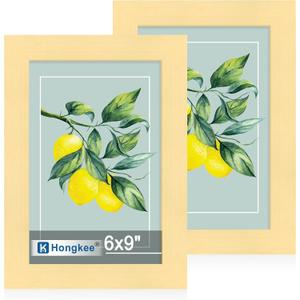 Hongkee 6x9 Picture Frame Set of 2, Made of Real Glass and Gold Wooden Frame - 6 by 9 Photo for Wall or Tabletop