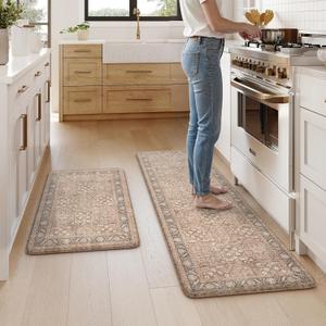 KIMODE Anti Fatigue Kitchen Mat 20"x59"+20"x32", Boho Distressed Kitchen Rugs Sets of 2, Kitchen Mats for Floor Cushioned Non Slip, Comfort Kitchen Floor Mats for Sink, Laundry, Desk Brown