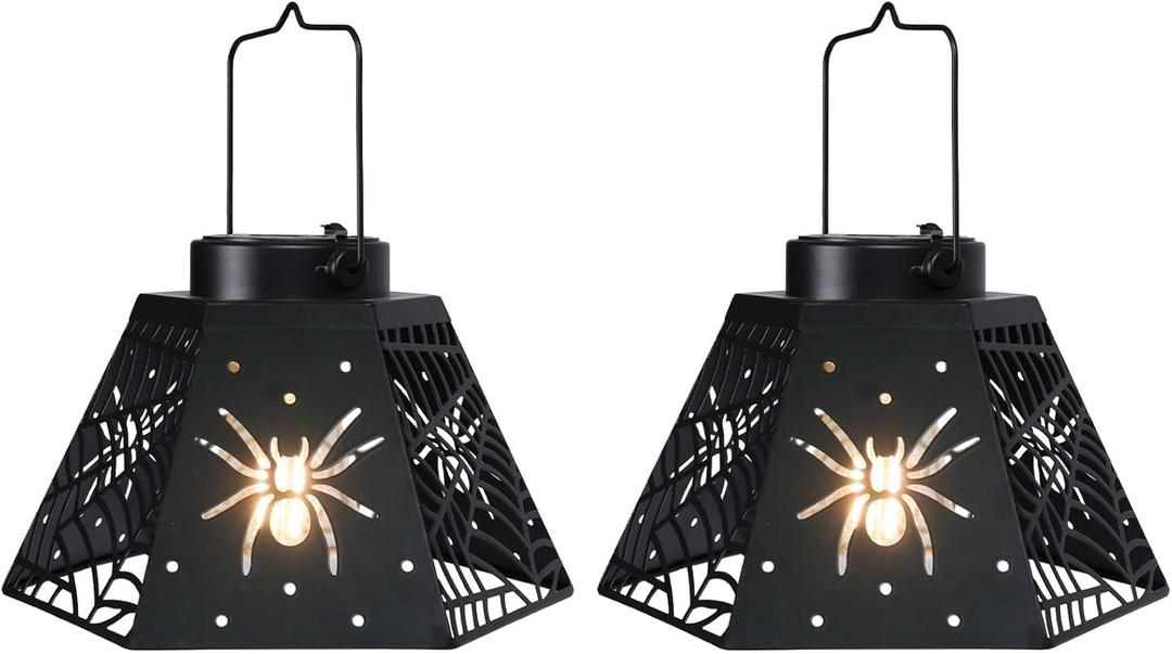 WONDER GARDEN Halloween Lantern Lights, 2 Pack Solar Hanging Spider Wed Lights, Metal Decorative Light for Outdoor Porch Yard Garden Tree Decor