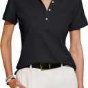 Womens Polo Shirts Summer Business Casual Work Tops Short Sleeve Button Down Collared V Neck Golf Blouse T-Shirt (Medium, Black)