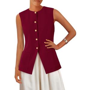 PRETTYGARDEN Blazer Vest Tops for Women Sleeveless Button Down Business Casual Outfits Work Suit Vests Waistcoat (Red, S)