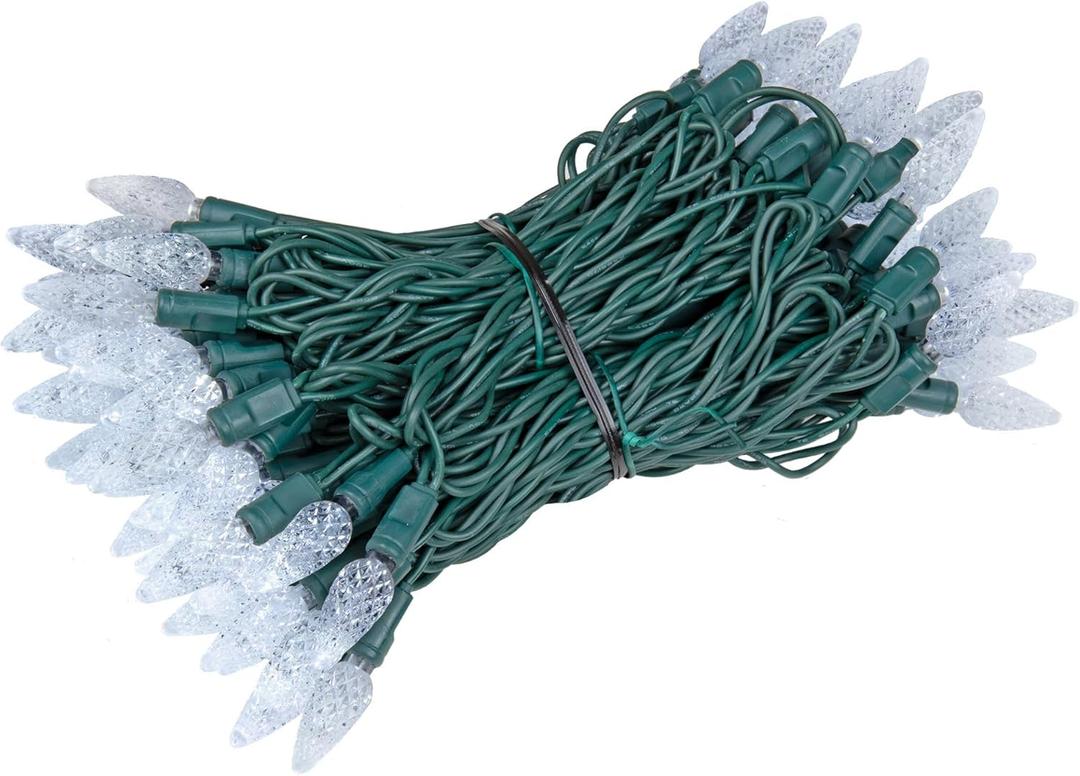 Novelty Lights 100 Light C6 LED Christmas Mini Light Set, Commercial Grade Outdoor String Lights, Pure White, Green Wire, 50 Feet