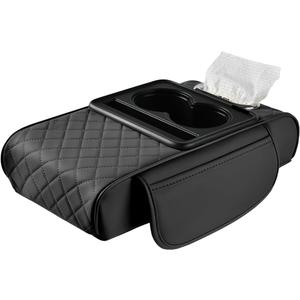 LEIWOOR 4-in-1 Multi-Functional Car Center Console Organizer - Leather Armrest Storage Box with Pillow Cushion & Protective Cover, Universal Interior Accessories (Black, Large)