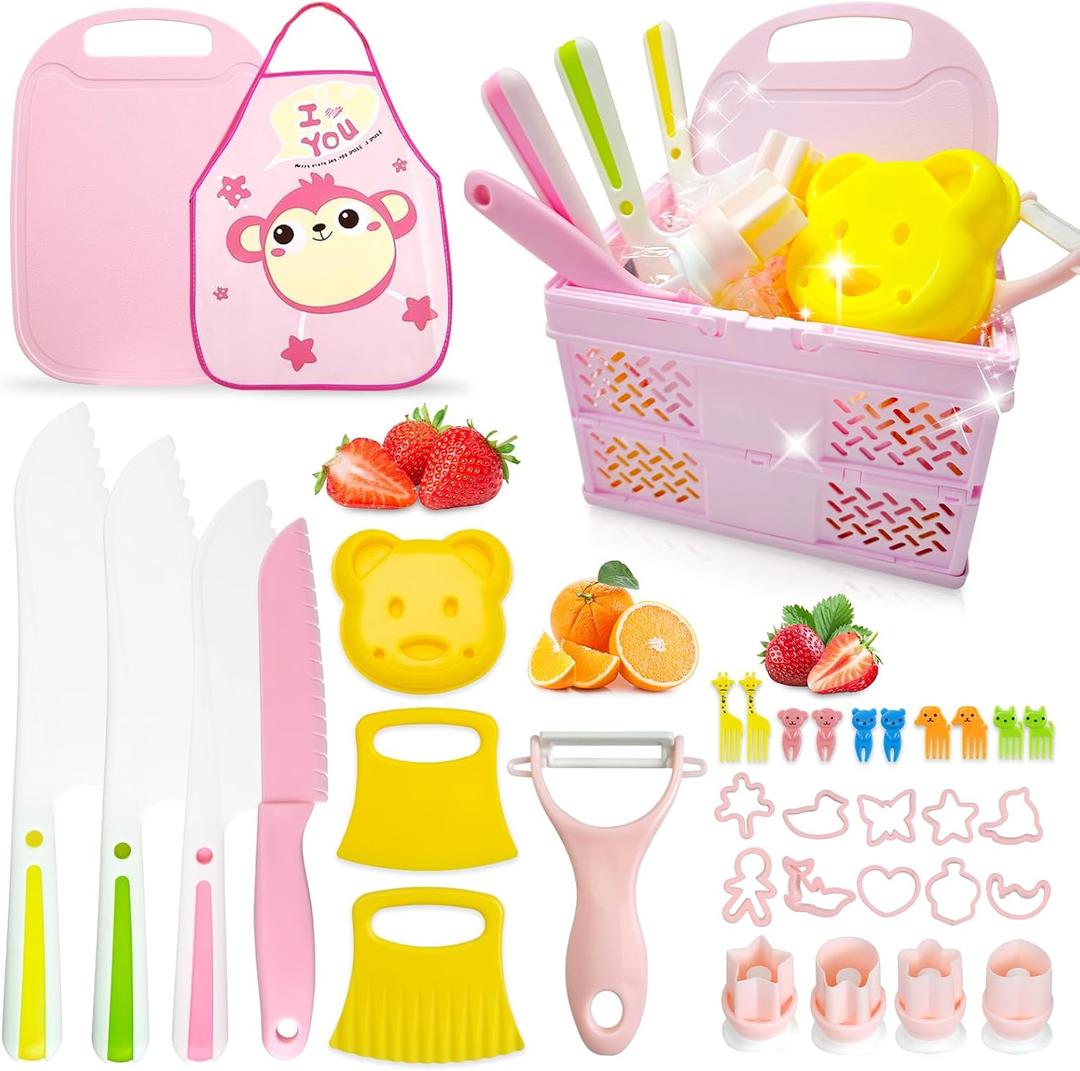 35pcs Kids Knife Set for Real Cooking , Kids Kitchen Set with Foldable Basket  Apron ,Toddler Baking Kitchen Tools Montessori Toys for 4 5 6 7 8 9 10 Year Old Girls Birthday Gifts, Toddler Knife Set