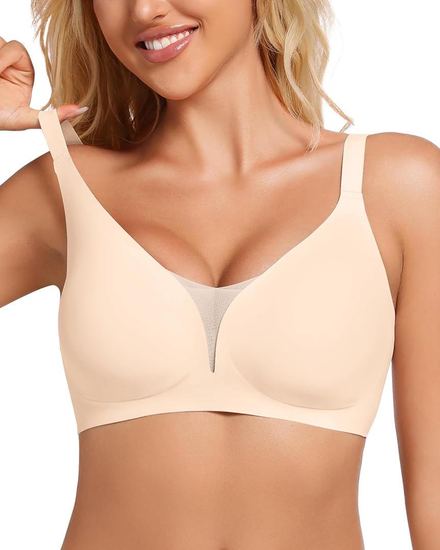 VRVOICE Womens Wireless Bras V Mesh Push Up No Underwire Bralette Seamless Supportive Tshirt Bra Everyday Bras, Nude, Medium