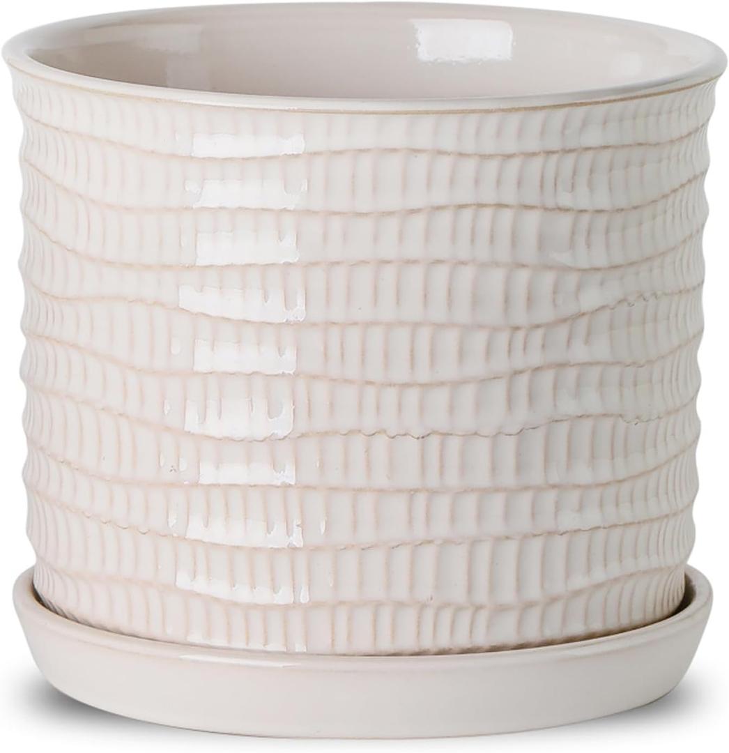 8 Inch Plant Pot: Ceramic Planter with Drainage Hole & Saucer for Indoor Outdoor Plants - Flowerpot with Bonded Tray for Home Office - Wave Embossed