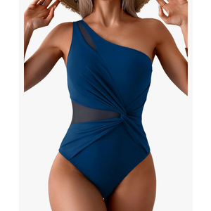 One Shoulder One Piece Swimsuit for Women Mesh Tummy Control Bathing Suit Twist Swimwear with Removable Strap, M, Blue