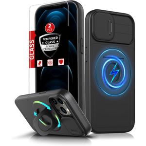 for iPhone 12 Pro Max Case Magnetic Compatible with MagSafe Wireless Charging,with 2 Screen Protectors,Built-in Kickstand Ring+Camera Cover Anti-Scratch Shockproof Heavy Duty Protection Black