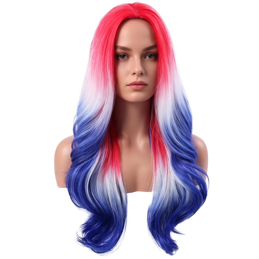 Woman Red White and Blue Wavy Wig Long 4th of July Wig Women | Female Red White Blue Wigs, Middle Part, with Wigs Cap