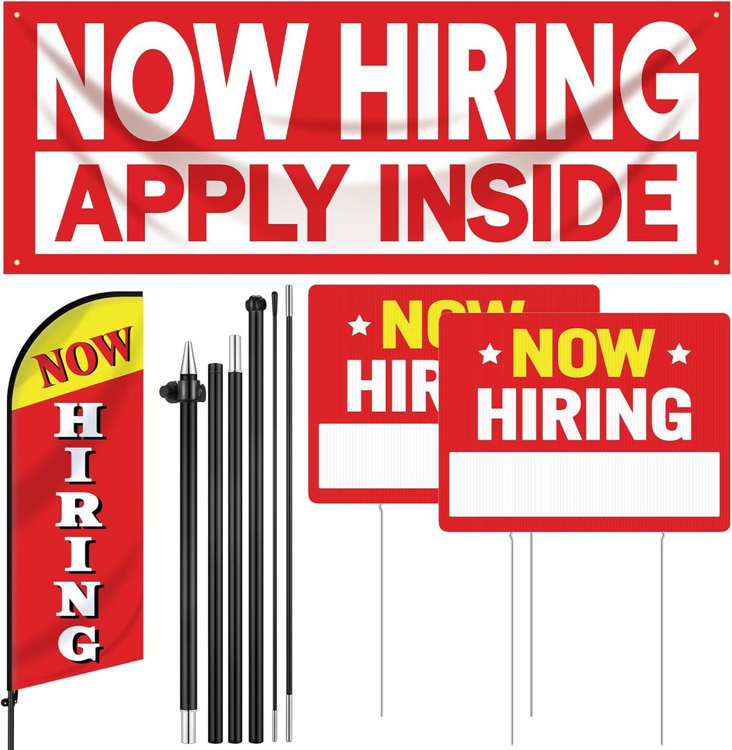 4 Pcs Feather Flag Set Include 2 Now Hiring Sign with Stake, 7 ft Now Hiring Feather Advertising Flag, Banner with Rope for Business Promotion