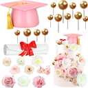 Wavwavw 50 Pcs Resin Graduation Cake Topper Class of 2026 Cap and Diploma Gold Balls Kit Congrats Grad Cake Decorations for Master Graduation Party Middle High School Supplies(Pink)