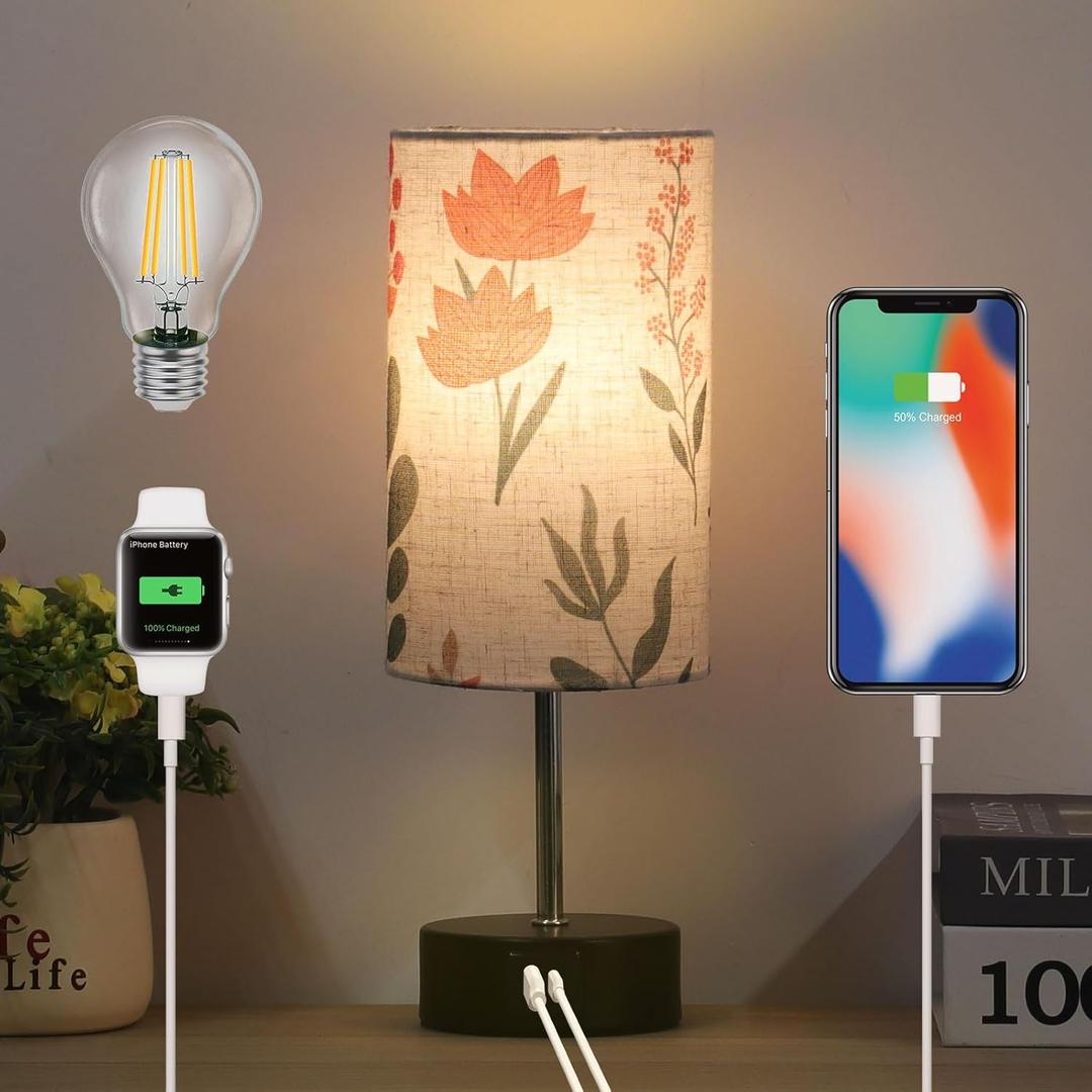 Touch Bedside Table Lamp, 2 USB Ports, 3-Way Dimmable Bedside Lamp for Bedroom, Nightstand Lamp with Round Flower Fabric Shade for Living Room, Home Office (rose-single)