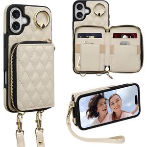 Keallce Case for iPhone 16 Plus 6.7'' Wallet Case, Crossbody Zipper Purse with Wristlet for Women, RFID Blocking Card Holders, 360 Ring Kickstand Flip Leather Case for iPhone 16 Plus, Beige