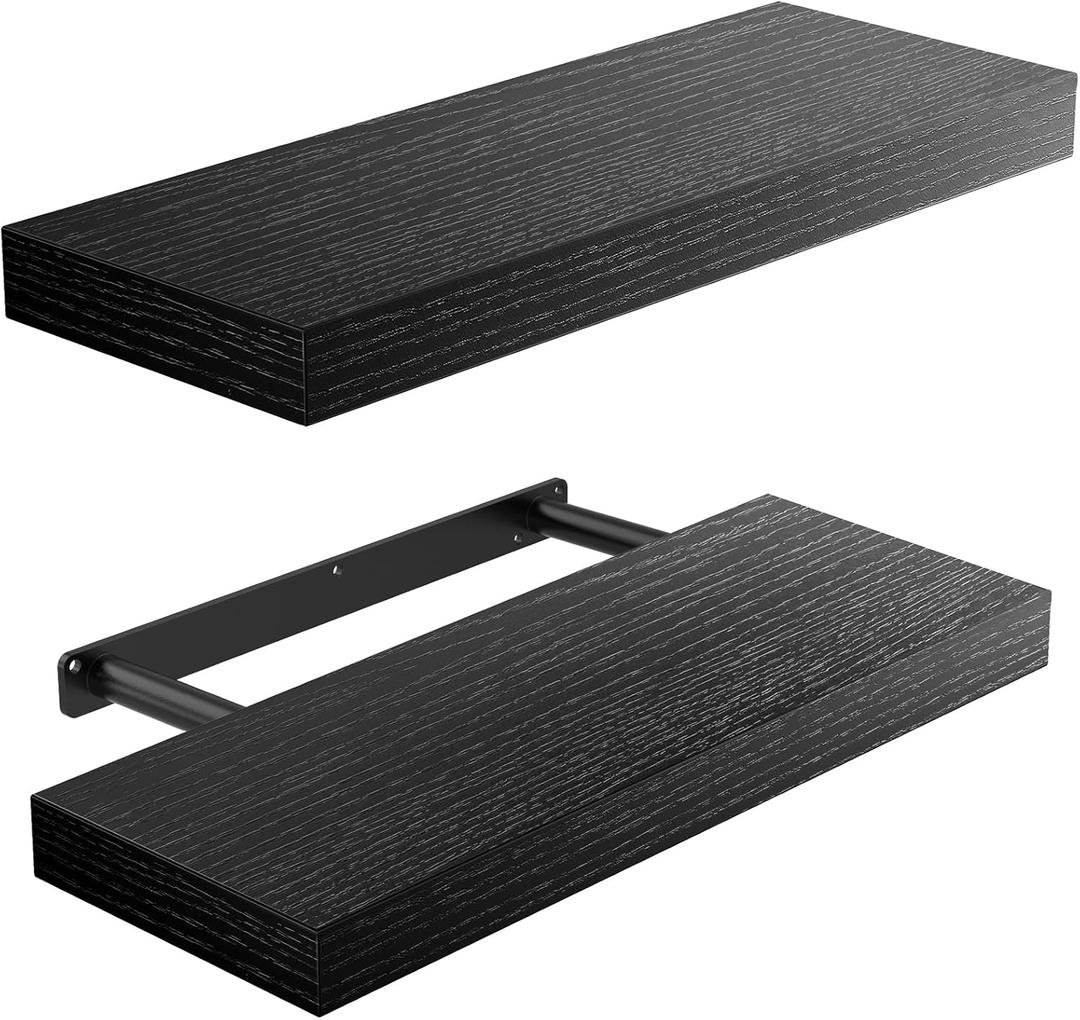 Amada HOMEFURNISHING Floating Shelves Wall Mounted, 15 x 7 Inch Wall Shelves for Bathroom, Bedroom, Living Room, Black Shelves Set of 2