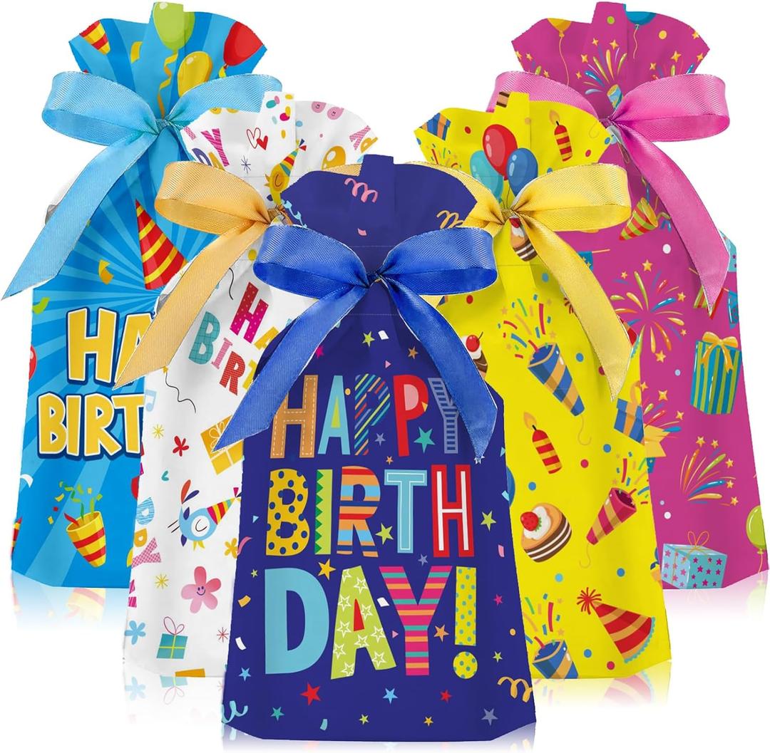 Pasimy 50 Pcs Birthday Drawstring Bags Birthday Favor Bags Birthday Gift Bag Colorful Birthday Pouches Confetti Birthday Plastic Treat Candy Goodies Bag for Birthday Party Supplies