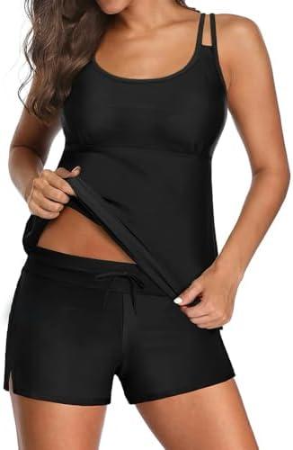 Tempt Me Black Two Piece Tankini Swimsuits for Women Tummy Control Bathing Suit with Shorts Athletic Swimwear L