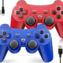 OKHAHA Controller 2 Pack for PS3 Wireless Controller for Sony Playstation 3, Double Shock 3, Bluetooth, Rechargeable, Motion Sensor, Remote for PS3 (With Stripes(Blue + Red))