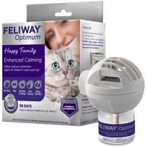 FELIWAY Optimum 30 Day Cat Calming Plug In Pheromone Diffuser Starter Kit, 48ml - Helps Reduce Common Signs of Stress in Cats & Kittens, Enhanced Calming (1 Pack, Translucent)