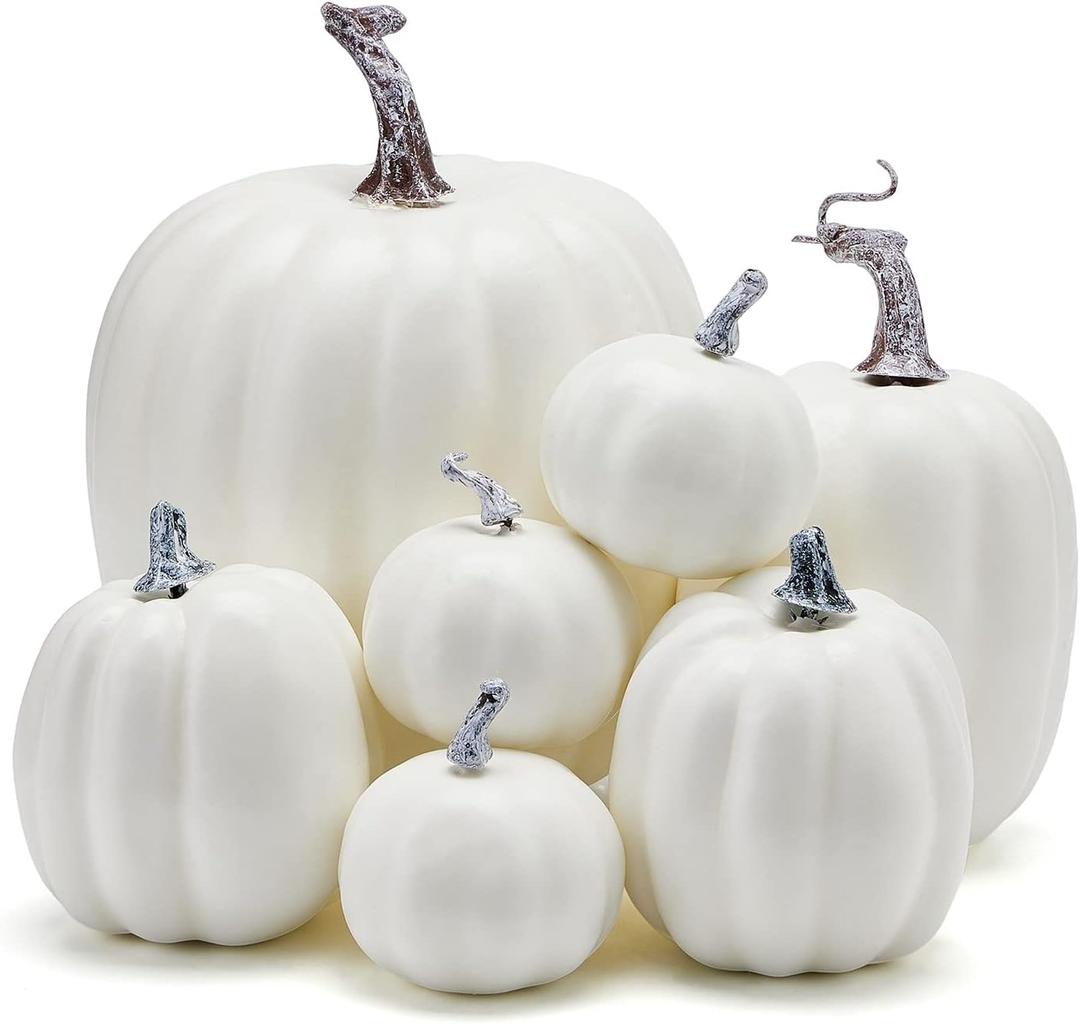 Halloween Autumn Harvest Festival 7 Artificial Pumpkins of Various Styles Decorate Rural Style Farmhouses Foam Pumpkins Thanksgiving Dinner Party Home Festival Autumn Decoration (White)