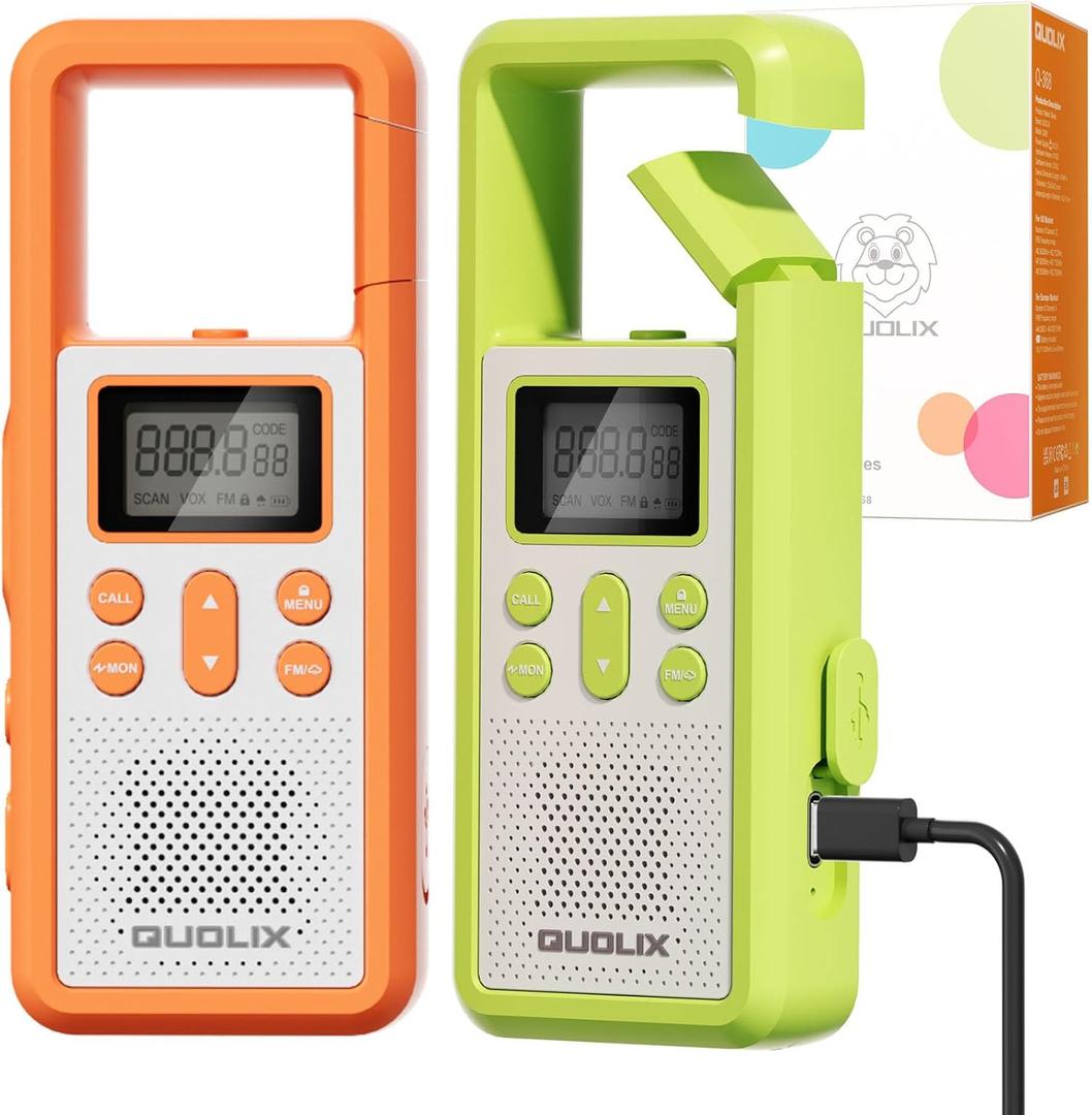 QUOLIX Walkie Talkies for Kids 2 Pack Rechargeable with NOAA & VOX, Kids Walkie Talkies with Long-Lasting Battery Toys for 3-12 Year Old Boys Girls, Durable Outdoor Gifts for Camping, Hiking Games (OrangeGreen)