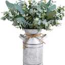 Winlyn Artificial Eucalyptus Stems in Rustic Metal Milk Can Vase Faux Plants Eucalyptus Leaves Stems with White Seeds Greenery Arrangement 13.4" Tall for Farmhouse Home Wedding Table Centerpiece Dcor