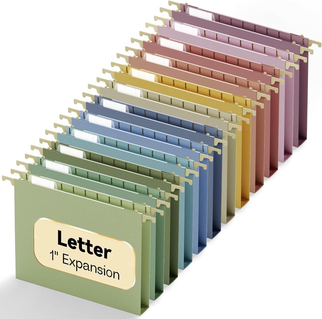 Plastic 1" Expanding Hanging File Folders Letter Size,12 Pack Reinforced Heavy Duty Hang Folder with Tabs,Pastel Hanging File Organizer for File Box,Filing Cabinet Folder for School Office Home