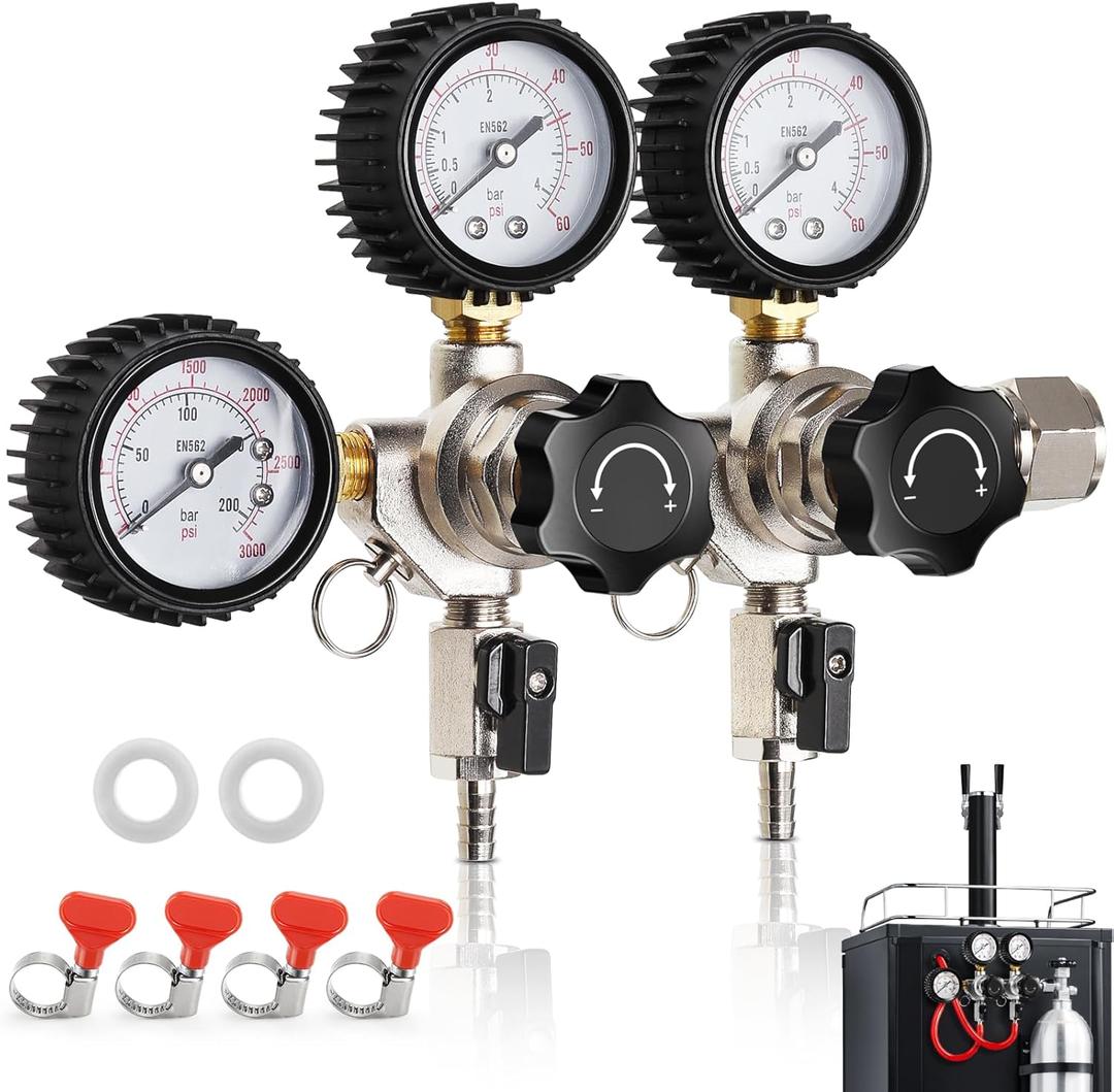 CO2 Regulator for Dual Tap Kegerator Draft Beer Tower Dispenser, Dual Keg Regulator CO2 Beer Pressure Regulator 0-60psi, CGA-320 CO2 Tank Regulator Gas Regulator 0-3000psi, Kegerator C02 Regulator Gauge