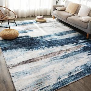Carvapet 10x13 Area Rug for Living Room Bedroom, 13 x 10 Dark Blue Modern Abstract Low Pile Carpet, Non Slip Rubber Backing, Foldable Machine Washable Large Area Rug