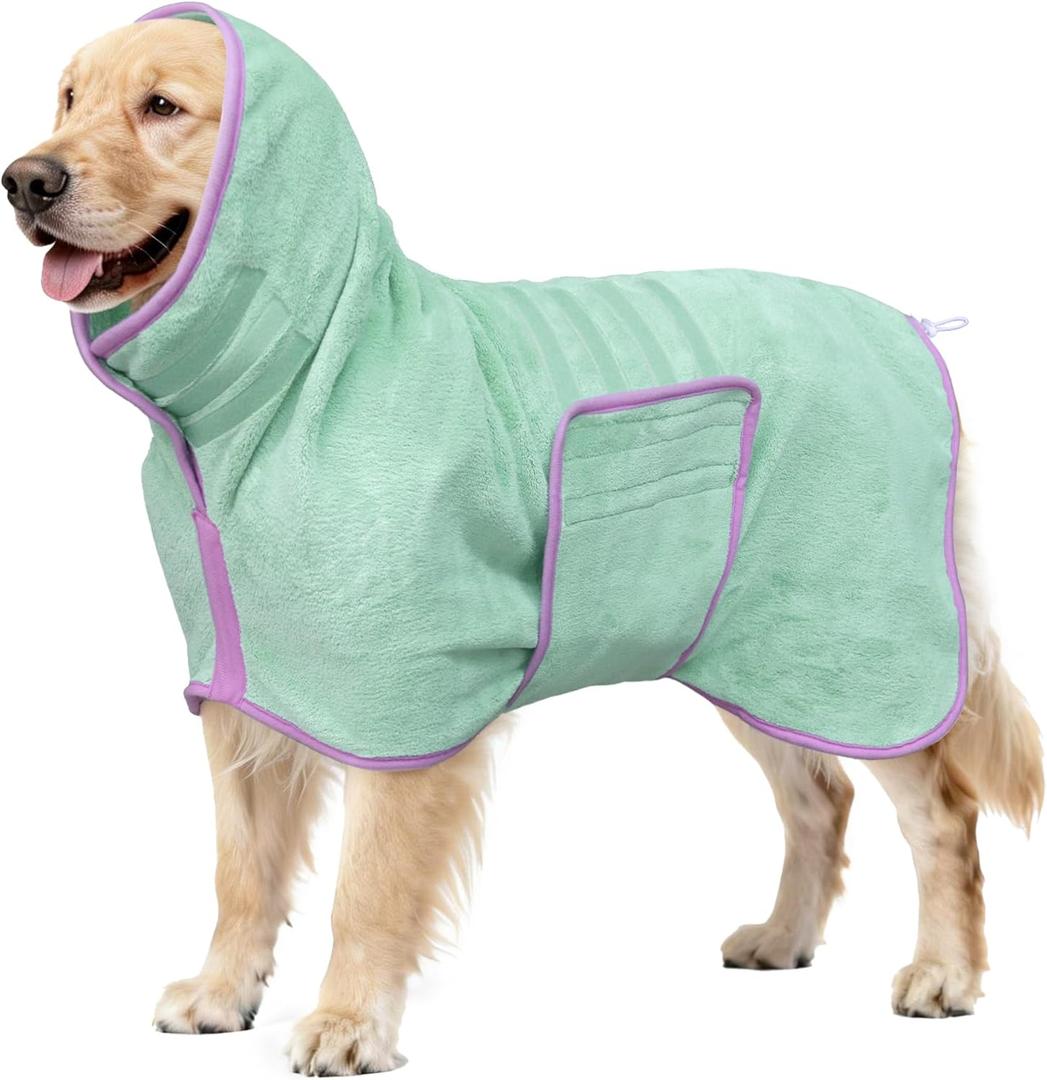 Soft Dog Bathrobe Fast Drying Dog Coat, Super Absorbent Dog Towels for After Bath, Microfiber Pet Robe Adjustable Collar & Belly Warm Keeping Dogs Coat for Pet Dogs & Cats (Green, Small)