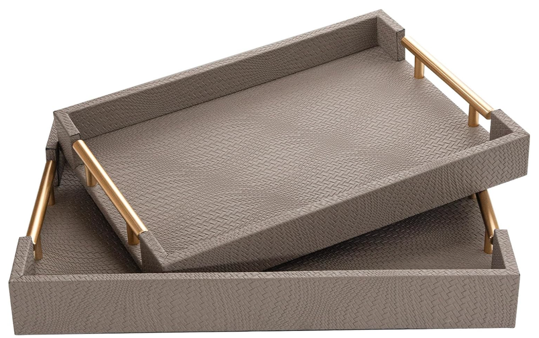 MACVAD 2 Piece Woven Leather Ottoman Tray with Gold Handles, Perfect Rectangular Serving Tray for Living Room, Coffee Table Tray as Thoughtful Gift for Home Decor Enthusiasts (Coffee Brown)