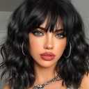 Short Bob Wigs 14 Inch Synthetic Black Wig with Bangs Natural Looking Heat Resistant Wavy Costume wig