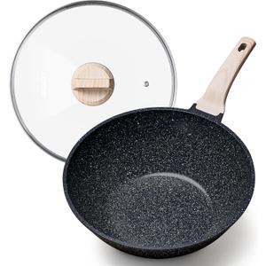 CAROTE Non Stick Wok with Lid 12''/5.3QT Woks & Stir-fry Pans Nonstick Granite Wok Pan Induction Cookware Deep Frying Pan, Compatible with All Stovetops